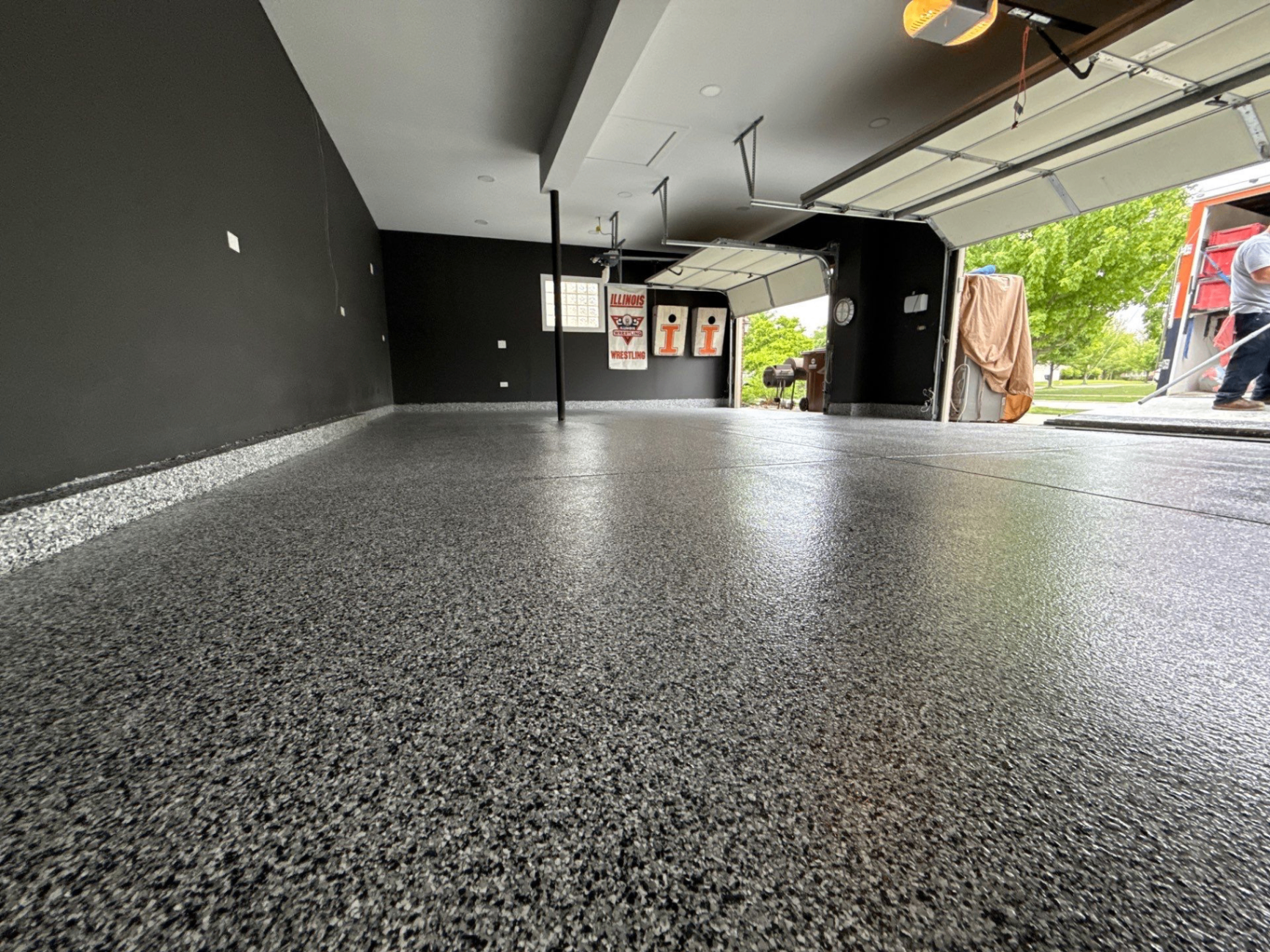 Close-up of a decorative flake epoxy floor finish