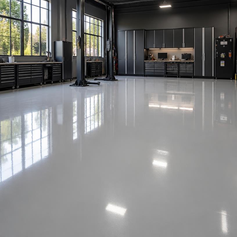 Seamless solid gray epoxy floor in a high-end workshop